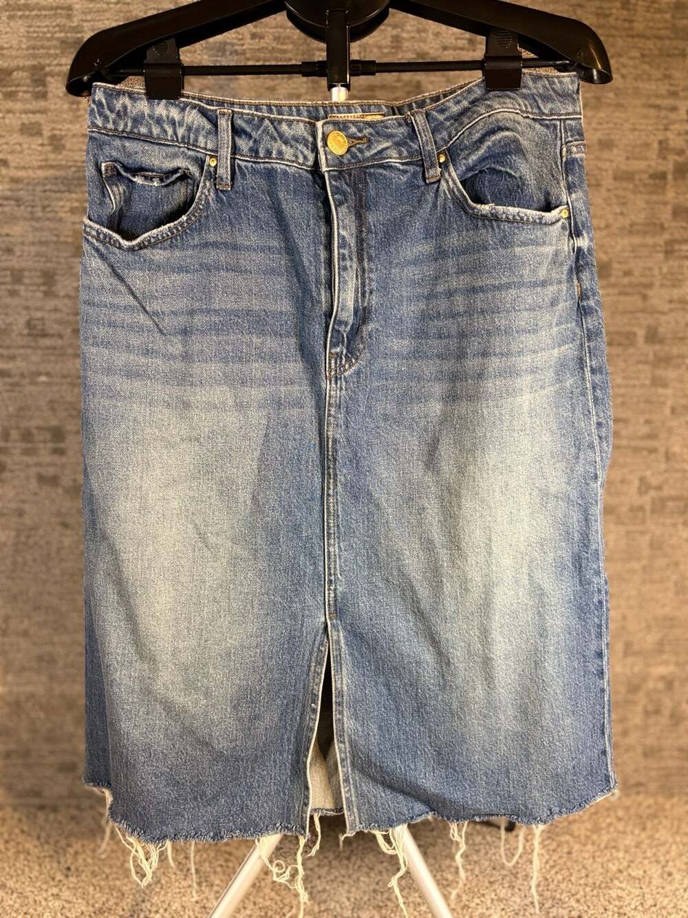 KUT from the Kloth Distressed Denim Midi Skirt with Front Slit Size 12 199